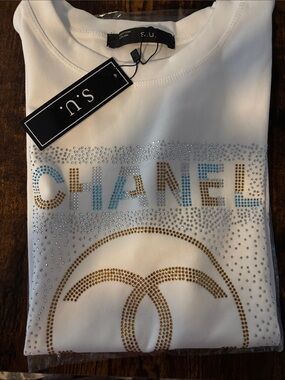Crystal Logo Tee - White with Gold & Blue Rhinestones stretch top